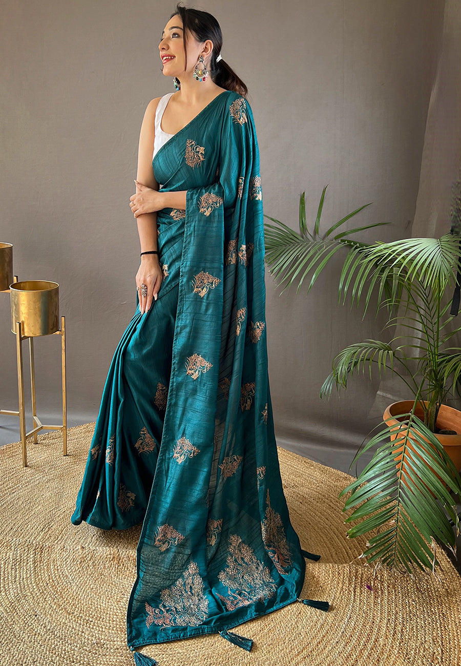 Jelly Bean Blue Embroidered Tussar Silk Saree