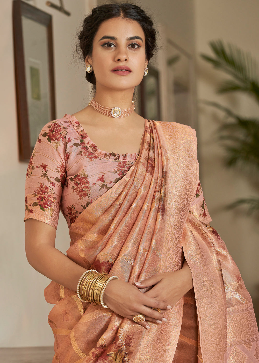 Cashmere Peach Woven Banarasi Tissue Organza Silk Saree