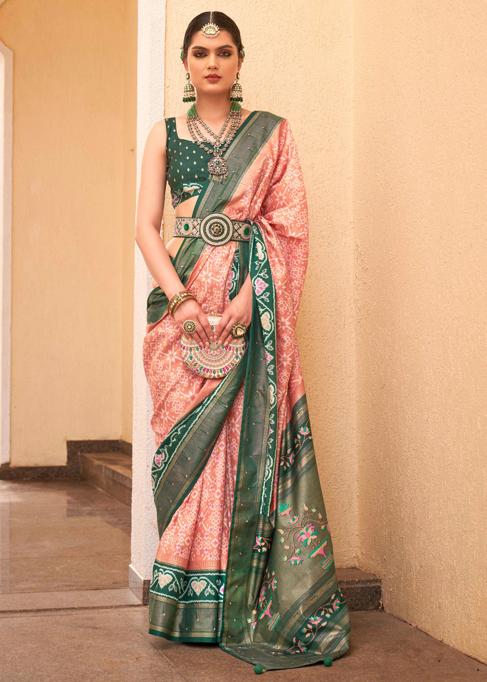 Mona Lisa Peach and Green Printed Patola Soft Silk Saree