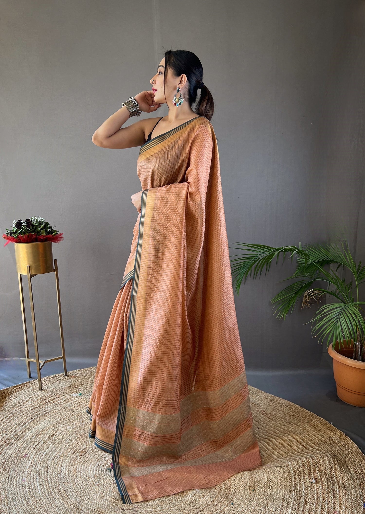 Copperfield Orange Organza Woven Saree