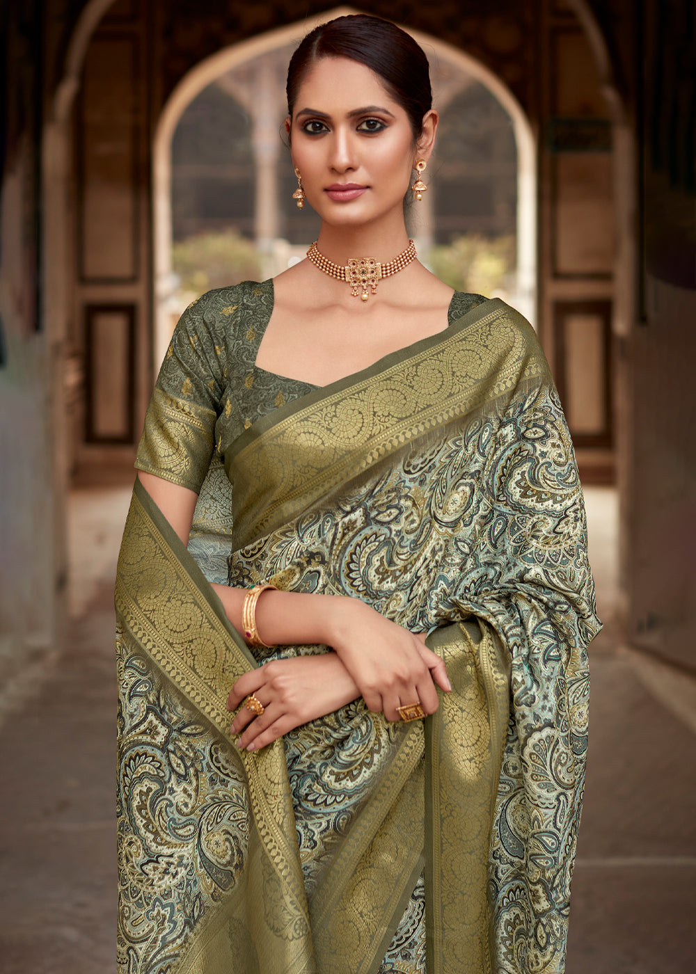 Stack Green Banarasi Digital Printed Silk Saree