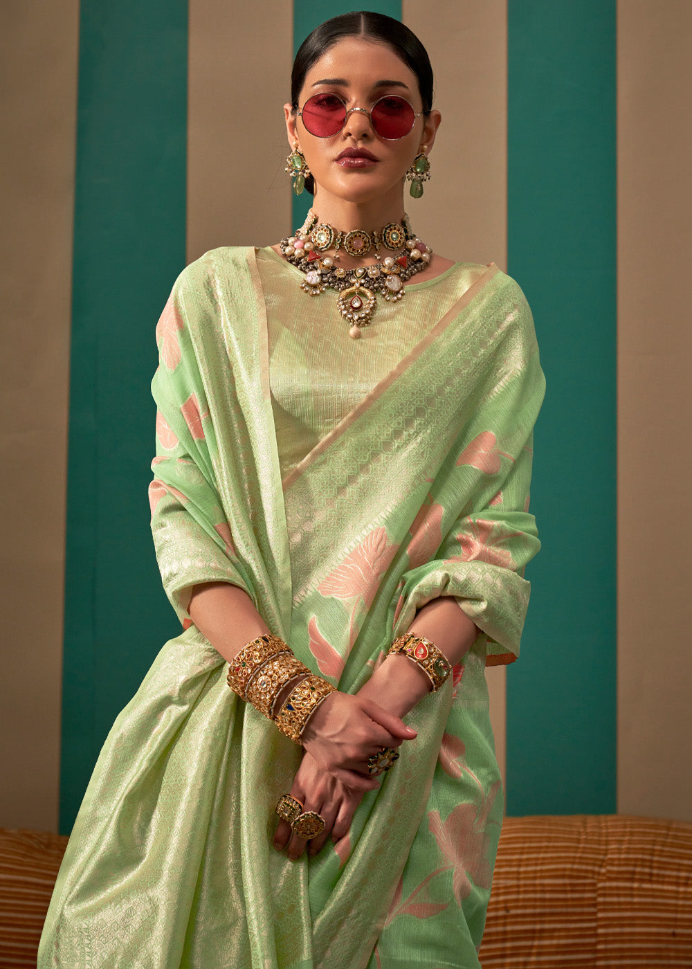 Pista Green Woven Banarasi Linen Saree