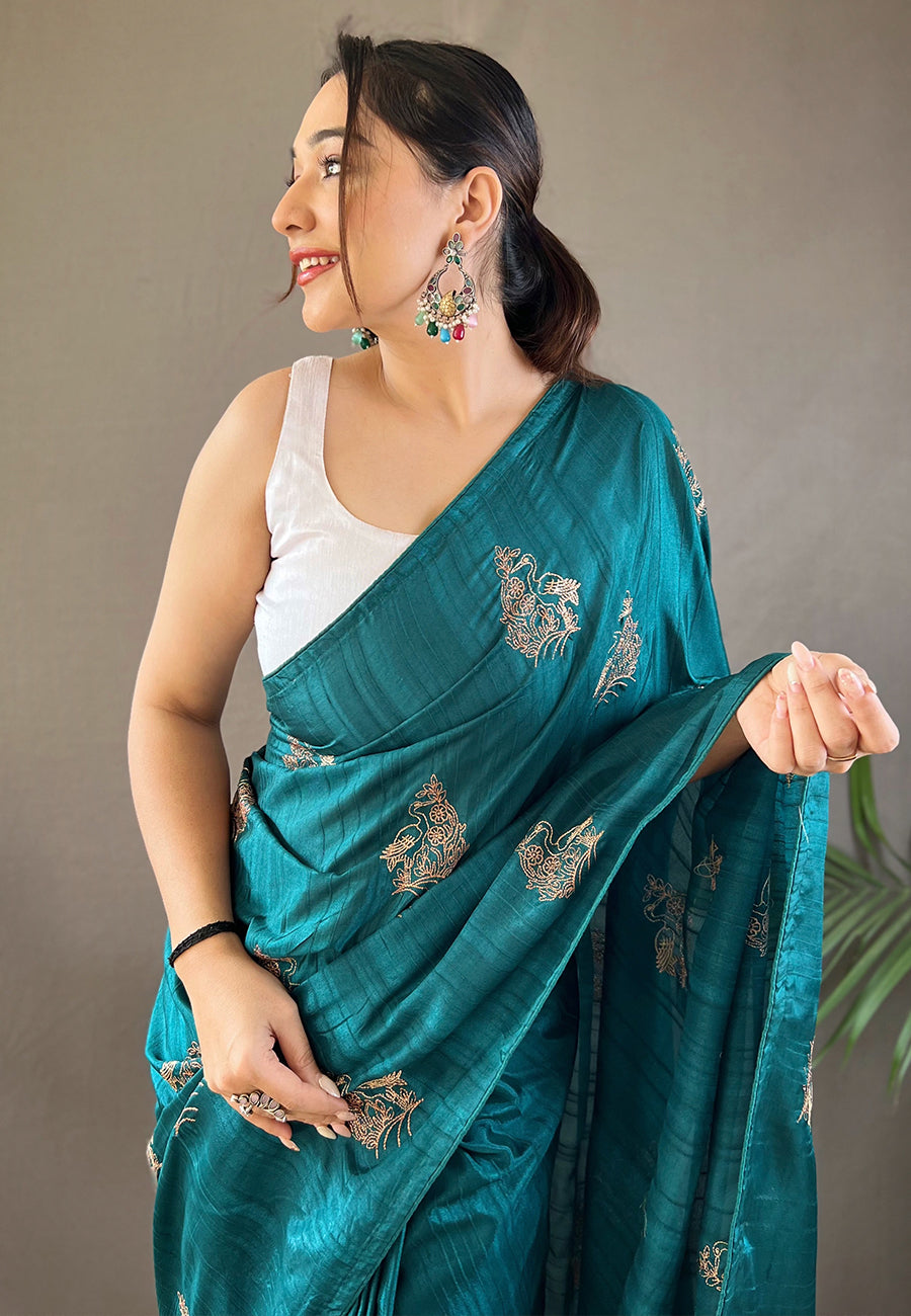 Jelly Bean Blue Embroidered Tussar Silk Saree