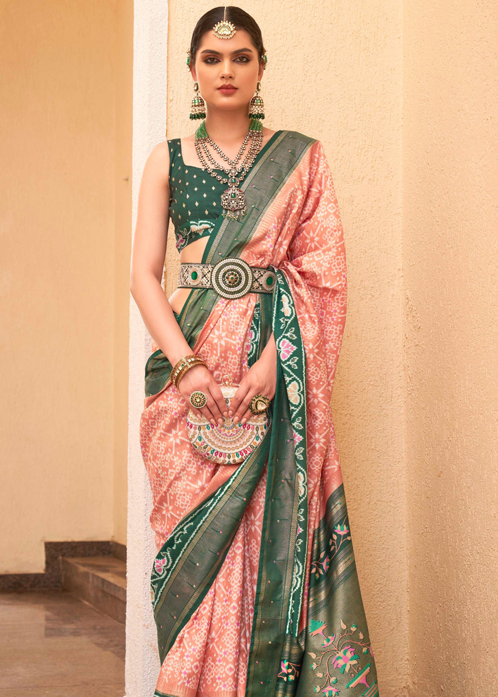 Mona Lisa Peach and Green Printed Patola Soft Silk Saree