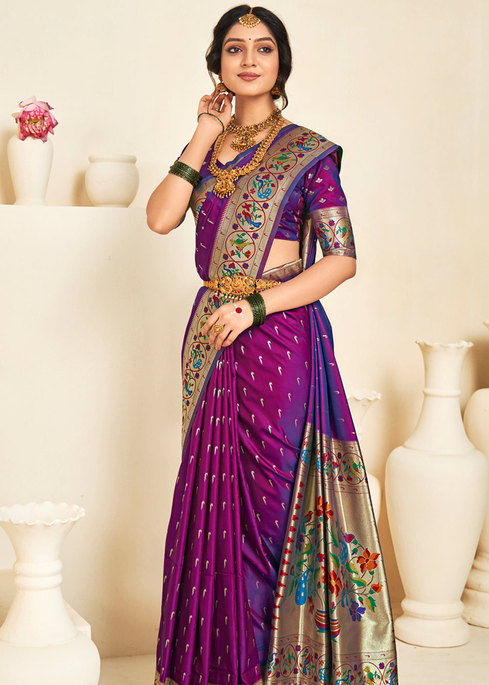 Rose Bud Cherry Purple Woven Paithani Silk Saree