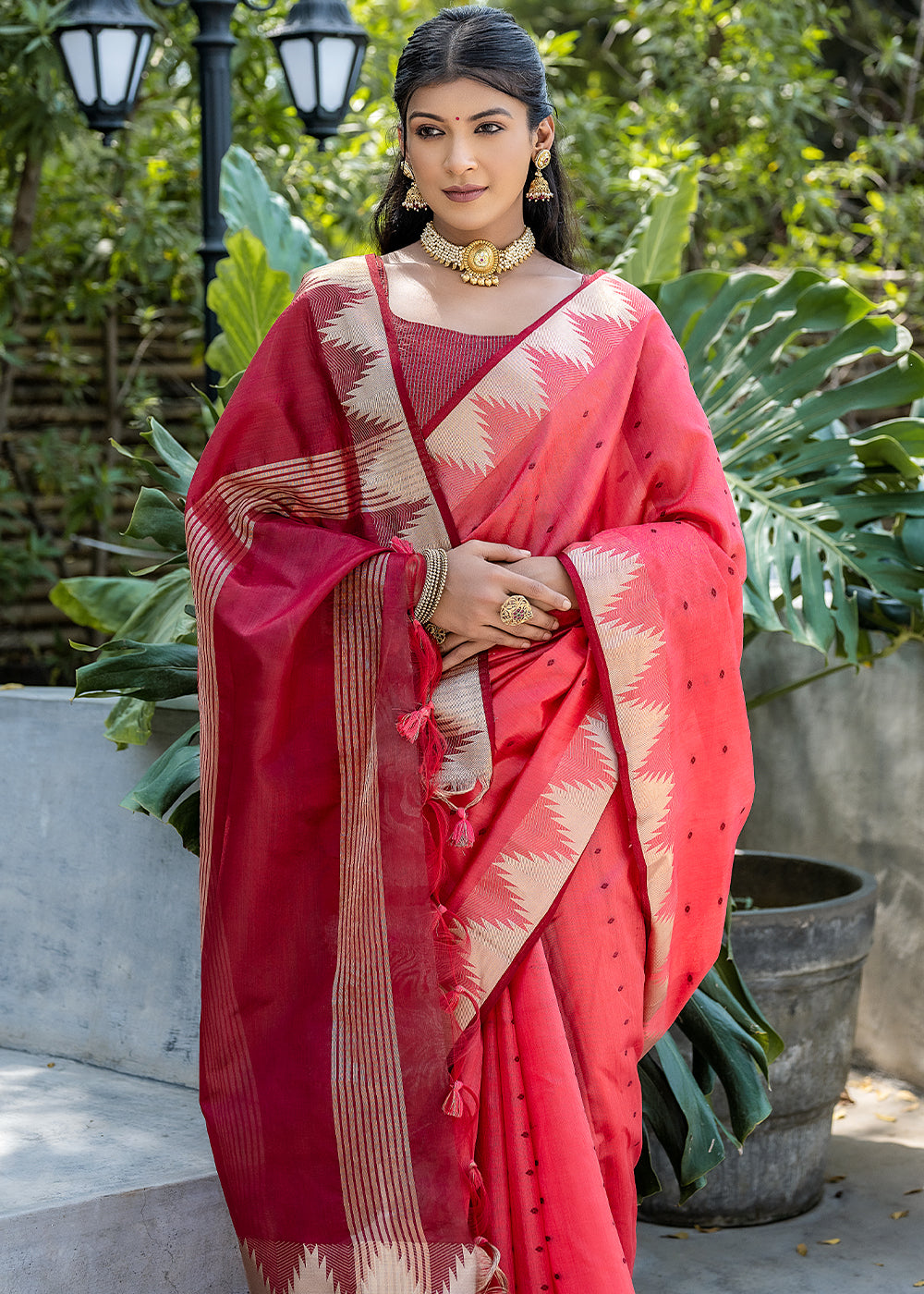 Flush Mahogany Red Zari Woven Banarasi Raw Silk Saree