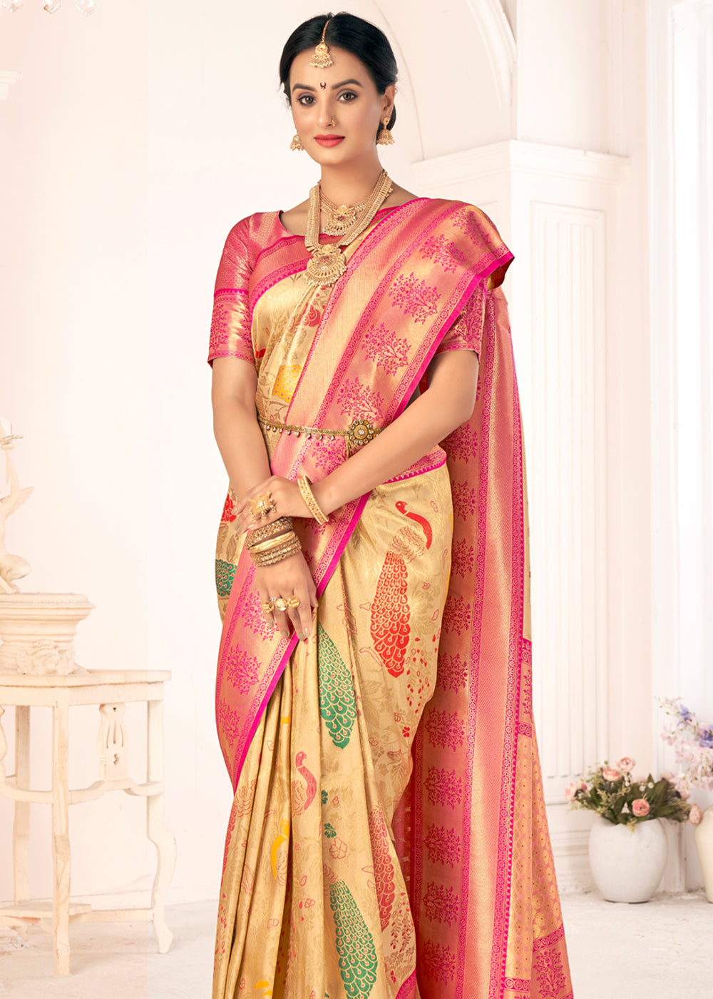 Cream Brulee Woven Paithani Fusion Kanjivaram Silk Saree