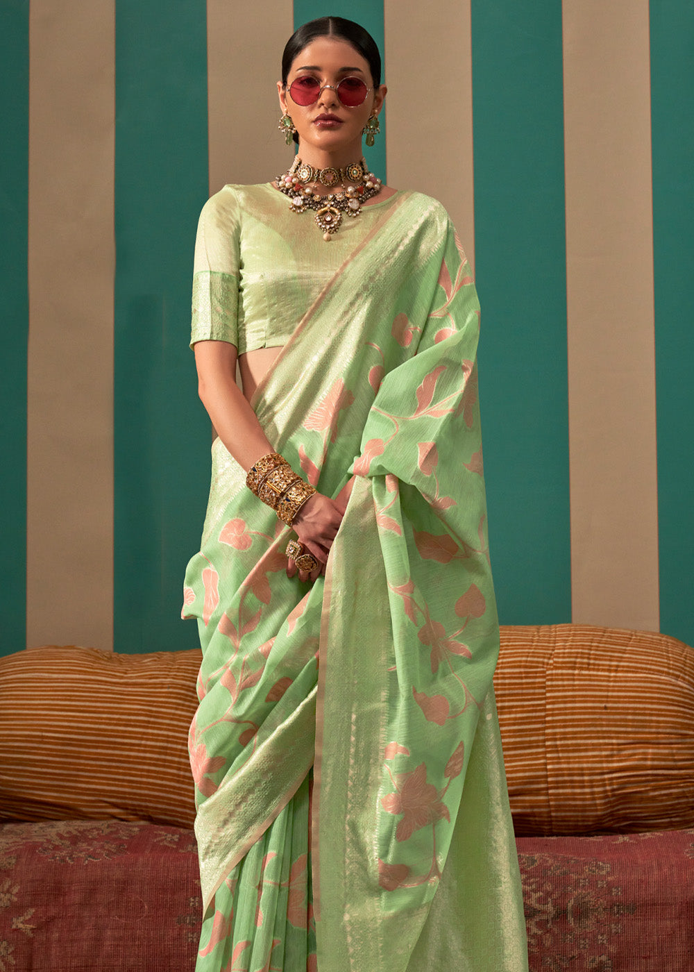 Pista Green Woven Banarasi Linen Saree