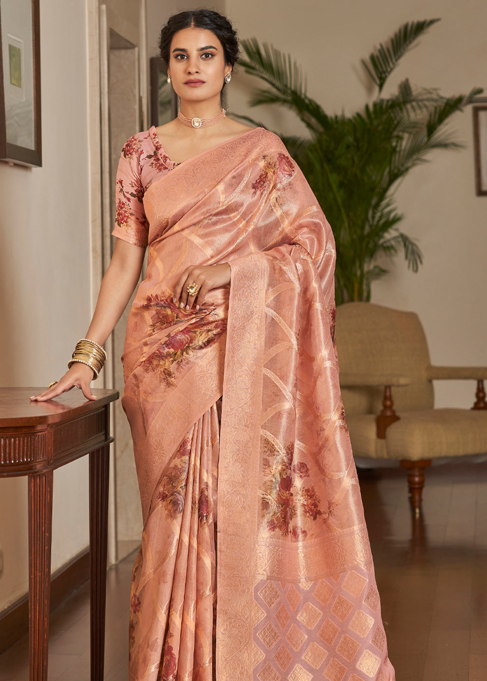 Cashmere Peach Woven Banarasi Tissue Organza Silk Saree