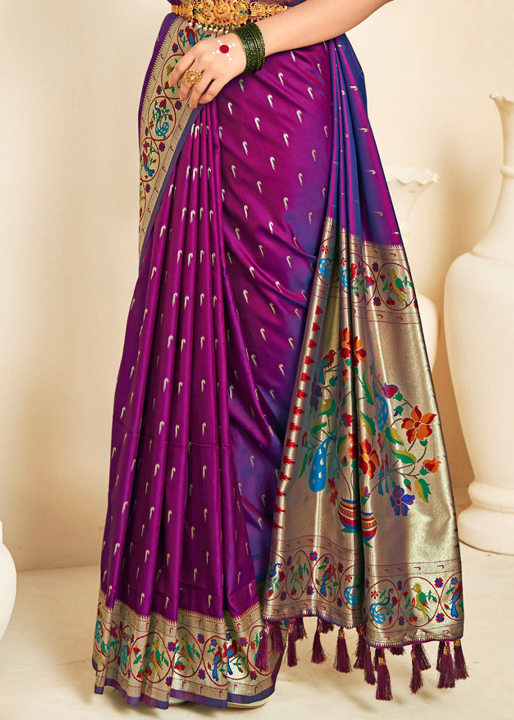 Rose Bud Cherry Purple Woven Paithani Silk Saree