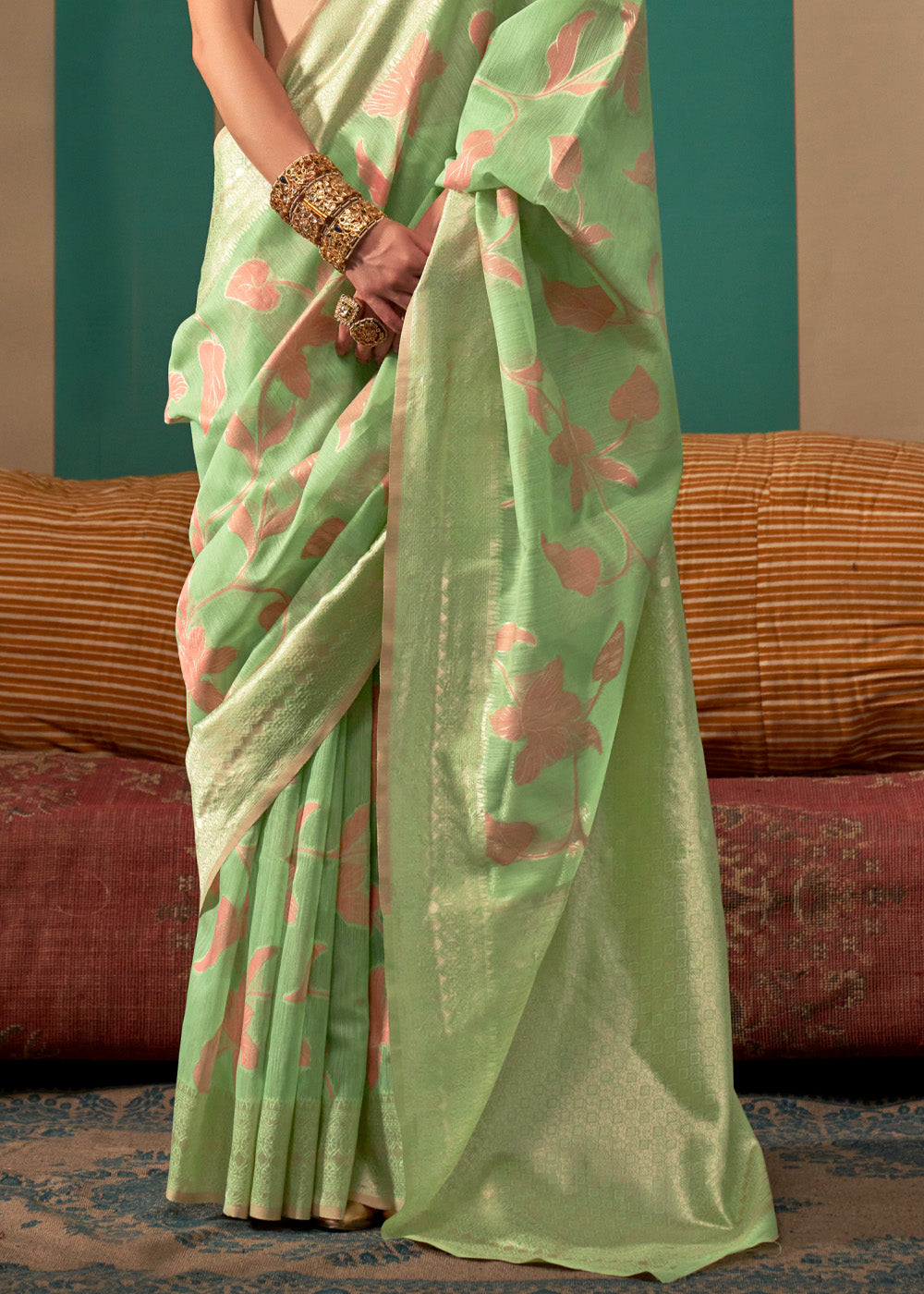 Pista Green Woven Banarasi Linen Saree