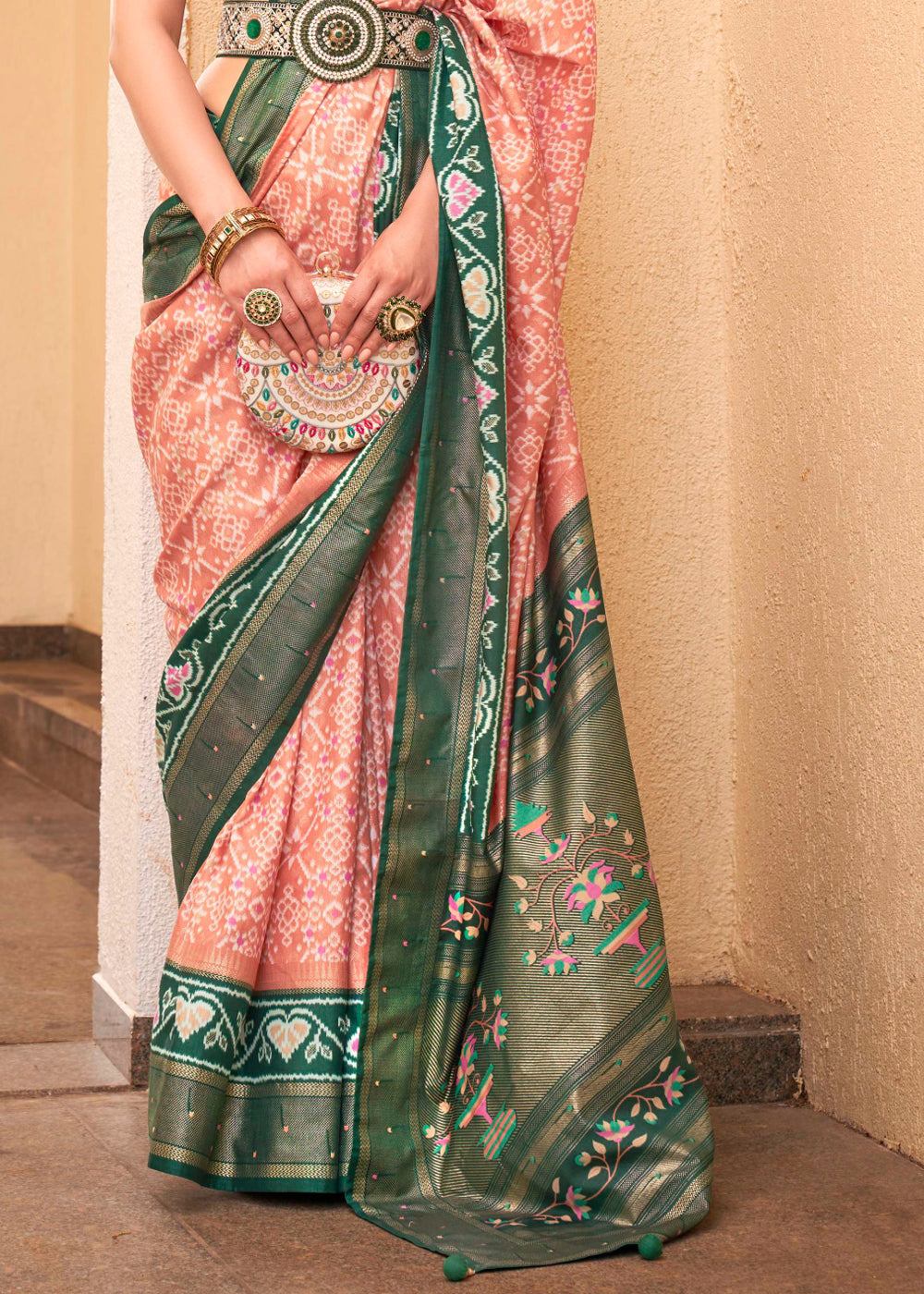 Mona Lisa Peach and Green Printed Patola Soft Silk Saree