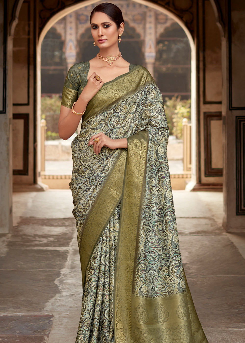 Stack Green Banarasi Digital Printed Silk Saree