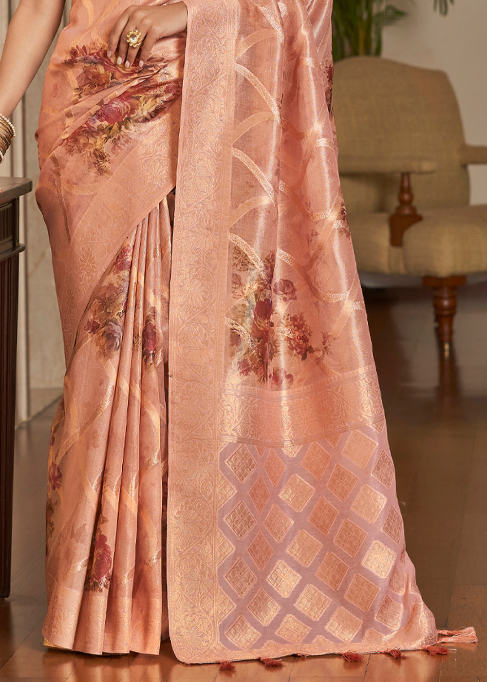 Cashmere Peach Woven Banarasi Tissue Organza Silk Saree