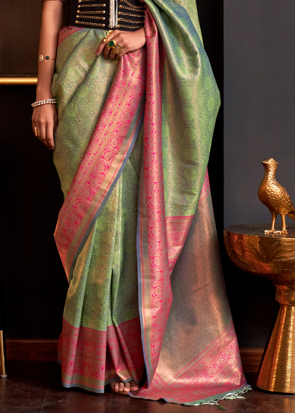 Battleship Green Chaap Handloom kanjivaram silk Saree