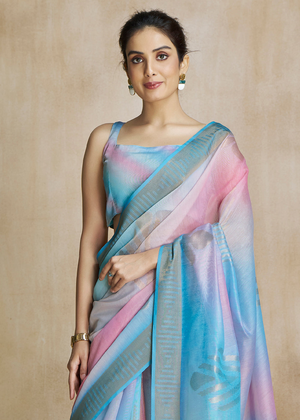 Pacific Blue and Pink Tissue Woven Soft Silk Saree