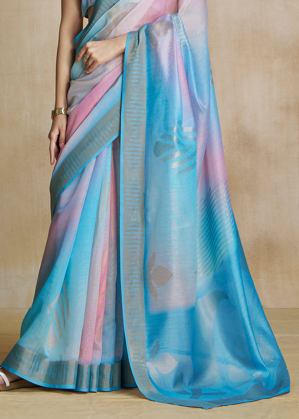 Pacific Blue and Pink Tissue Woven Soft Silk Saree