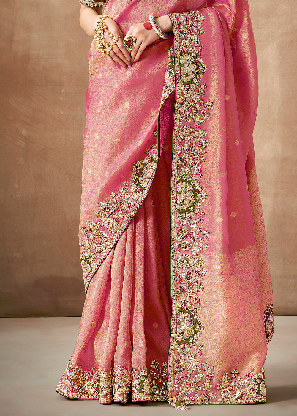 Lotus Pink  Zari Woven Embroidery Designer Tissue Dola Silk Saree