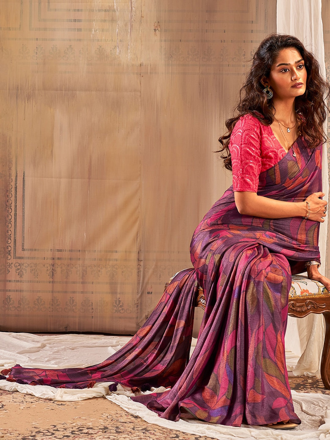 Lotus Purple Printed Chiffon Saree With Embroidery Blouse