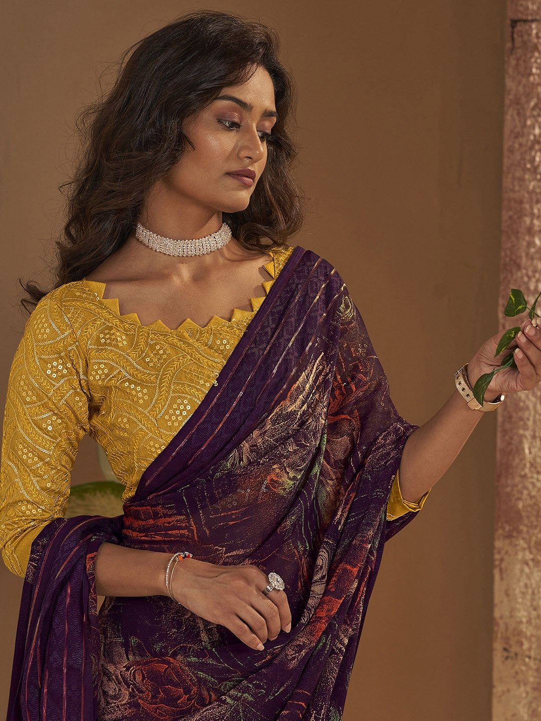 Crater Brown Georgette Chiffon Saree With Embroidery Blouse