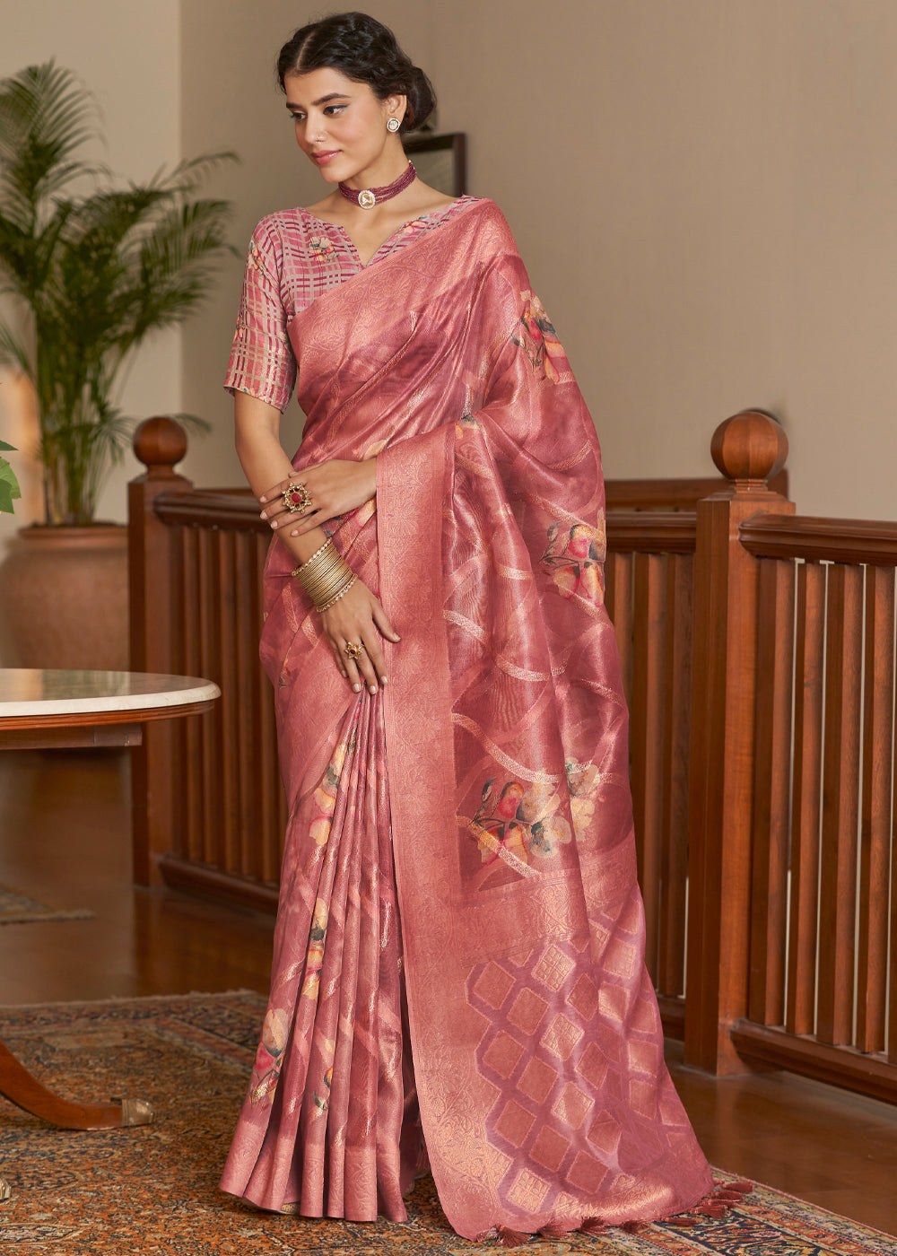 Chestnut Pink Woven Banarasi Tissue Organza Silk Saree