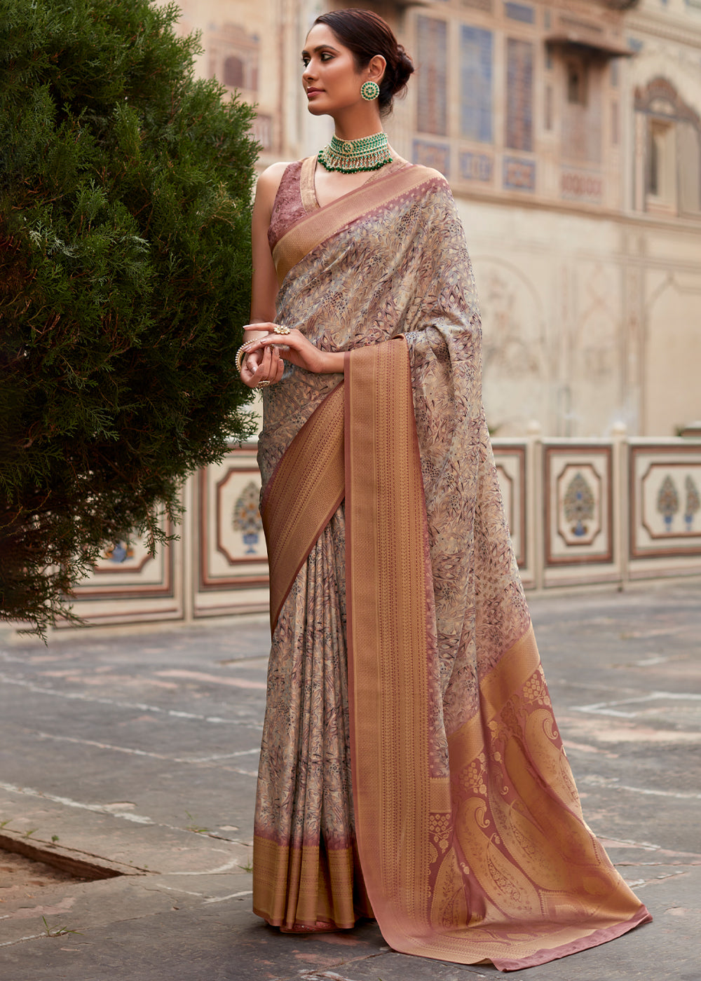 Chocolate Brown Banarasi Digital Printed Silk Saree