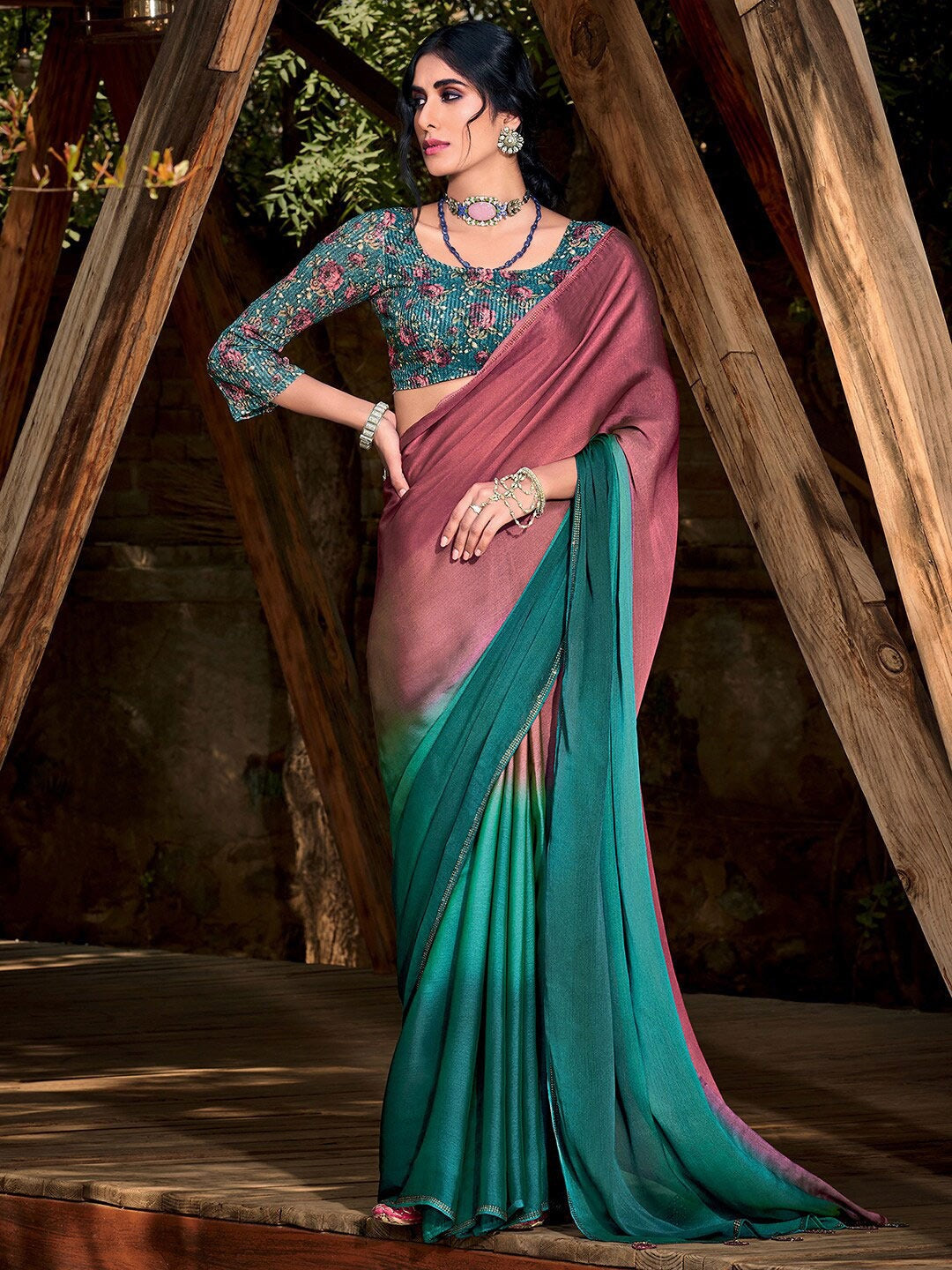 Copper Rust Purple and Blue Chiffon Saree With Printed Blouse