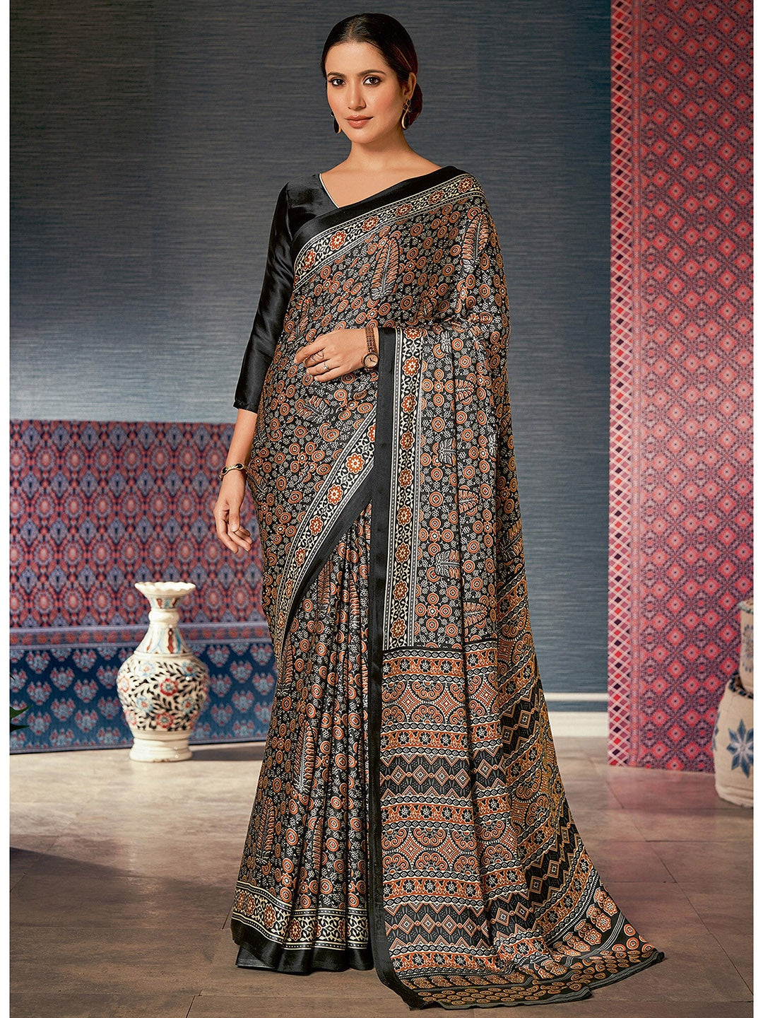 Metal Black and Brown Digital Printed Ajrakh Satin Crepe Saree