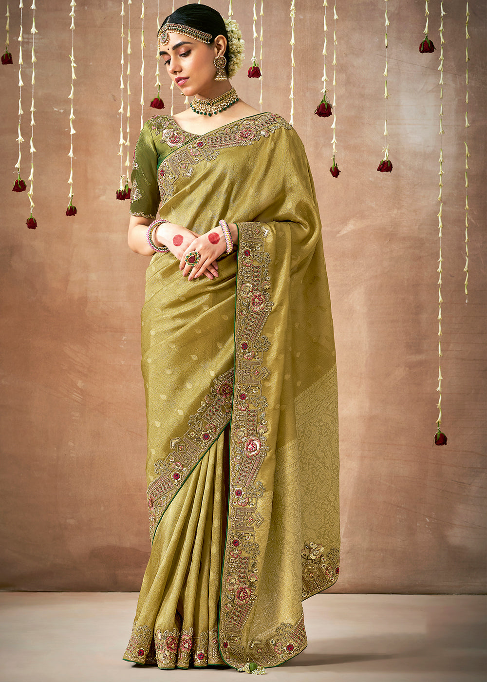 Moss Green  Zari Woven Embroidery Designer Tissue Dola Silk Saree