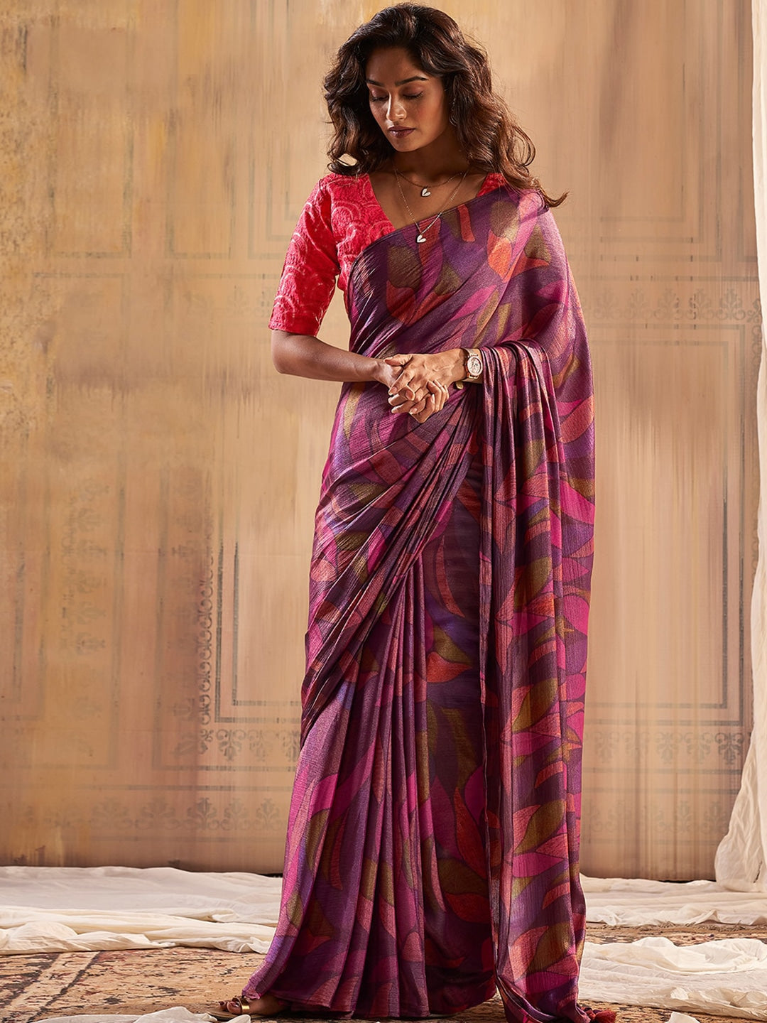 Lotus Purple Printed Chiffon Saree With Embroidery Blouse