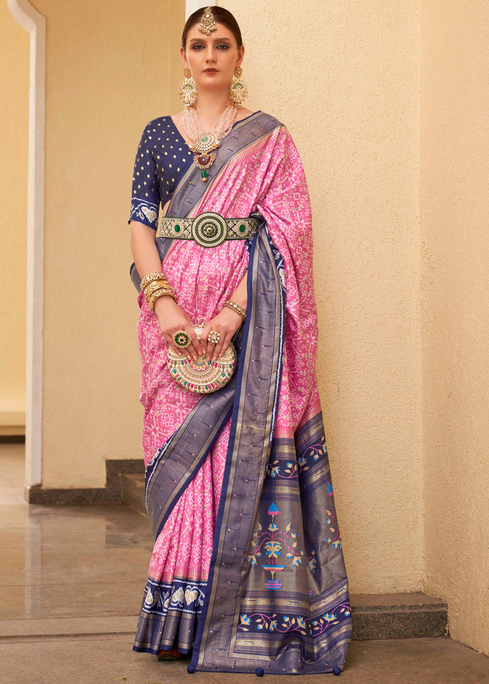 Cotton Candy Pink and Blue Printed Patola Soft Silk Saree