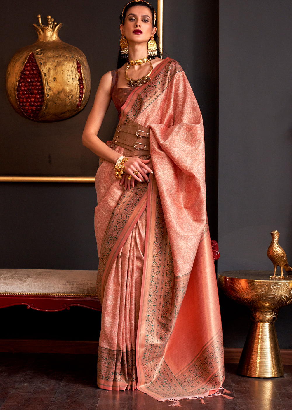 Tonys Peach Chaap Handloom kanjivaram silk Saree