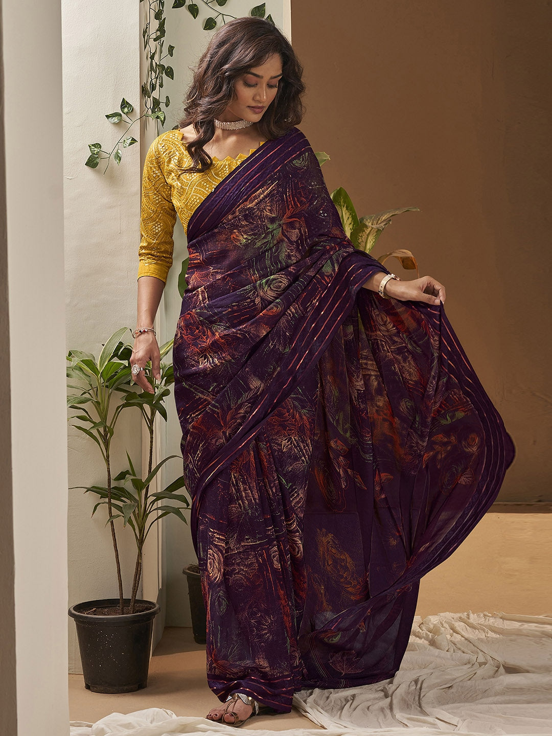 Crater Brown Georgette Chiffon Saree With Embroidery Blouse