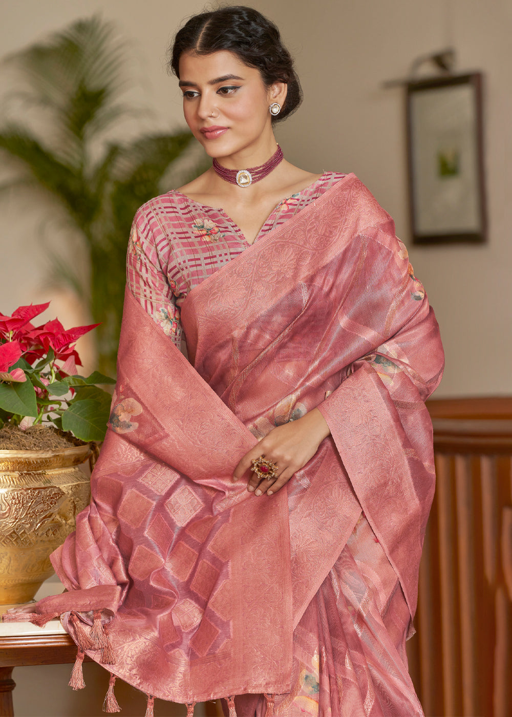 Chestnut Pink Woven Banarasi Tissue Organza Silk Saree