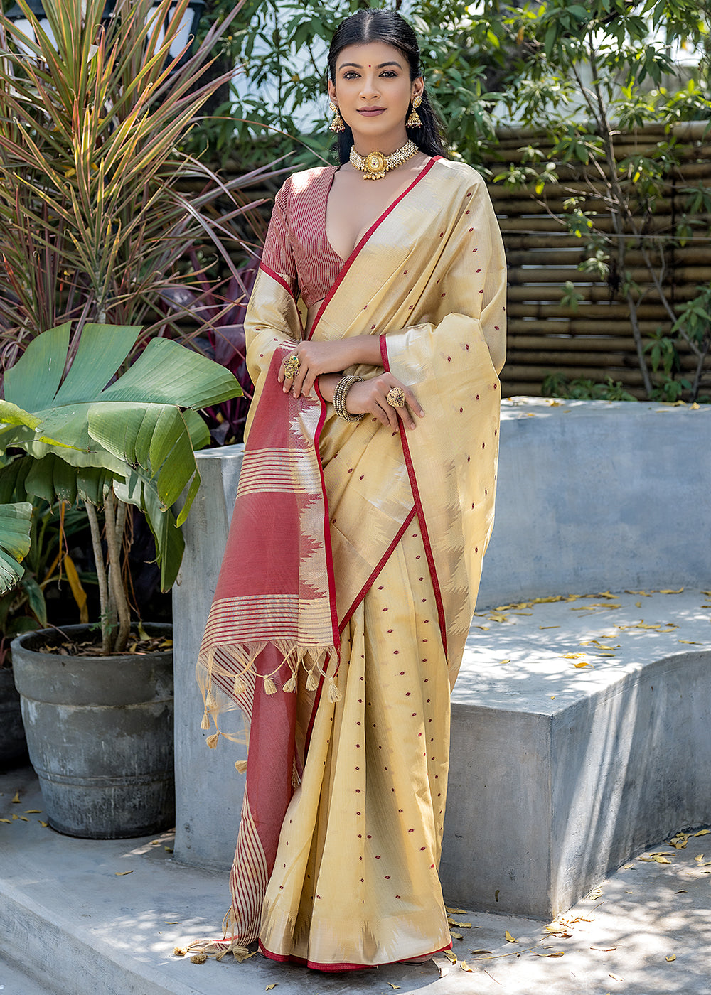 Cumulus Cream Zari Woven Banarasi Raw Silk Saree