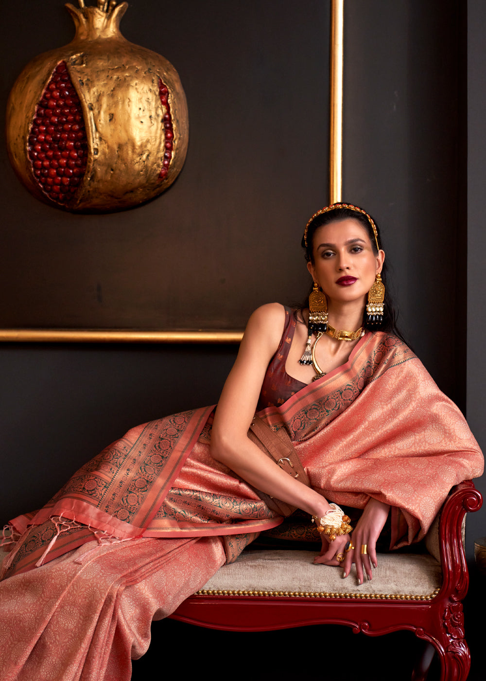 Tonys Peach Chaap Handloom kanjivaram silk Saree