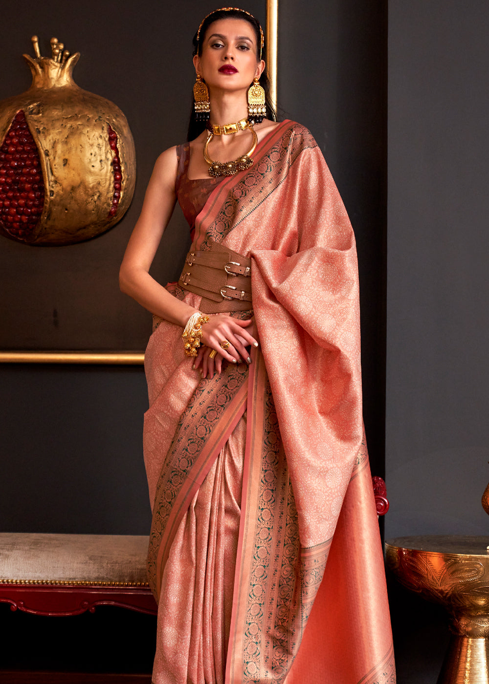 Tonys Peach Chaap Handloom kanjivaram silk Saree