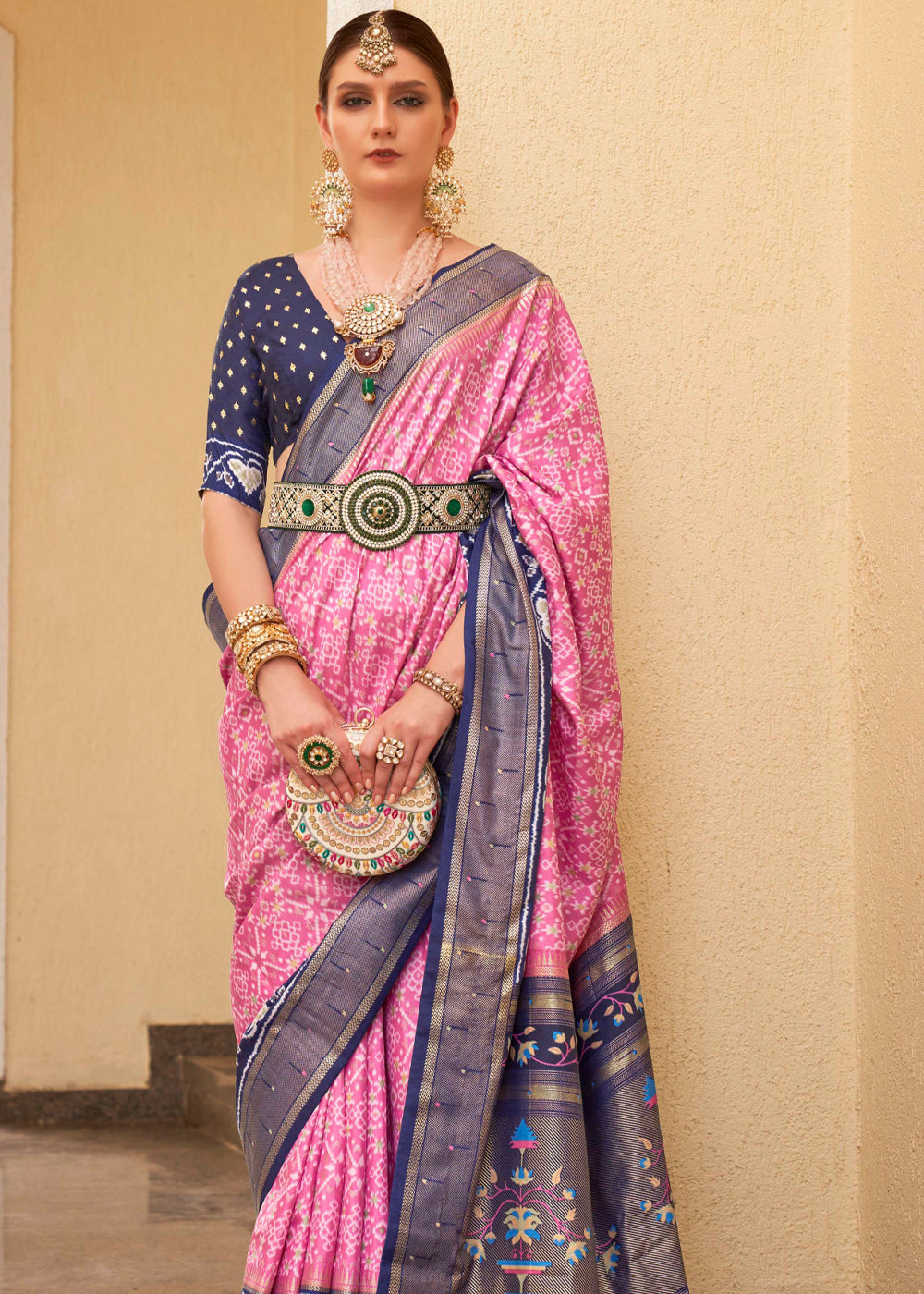 Cotton Candy Pink and Blue Printed Patola Soft Silk Saree