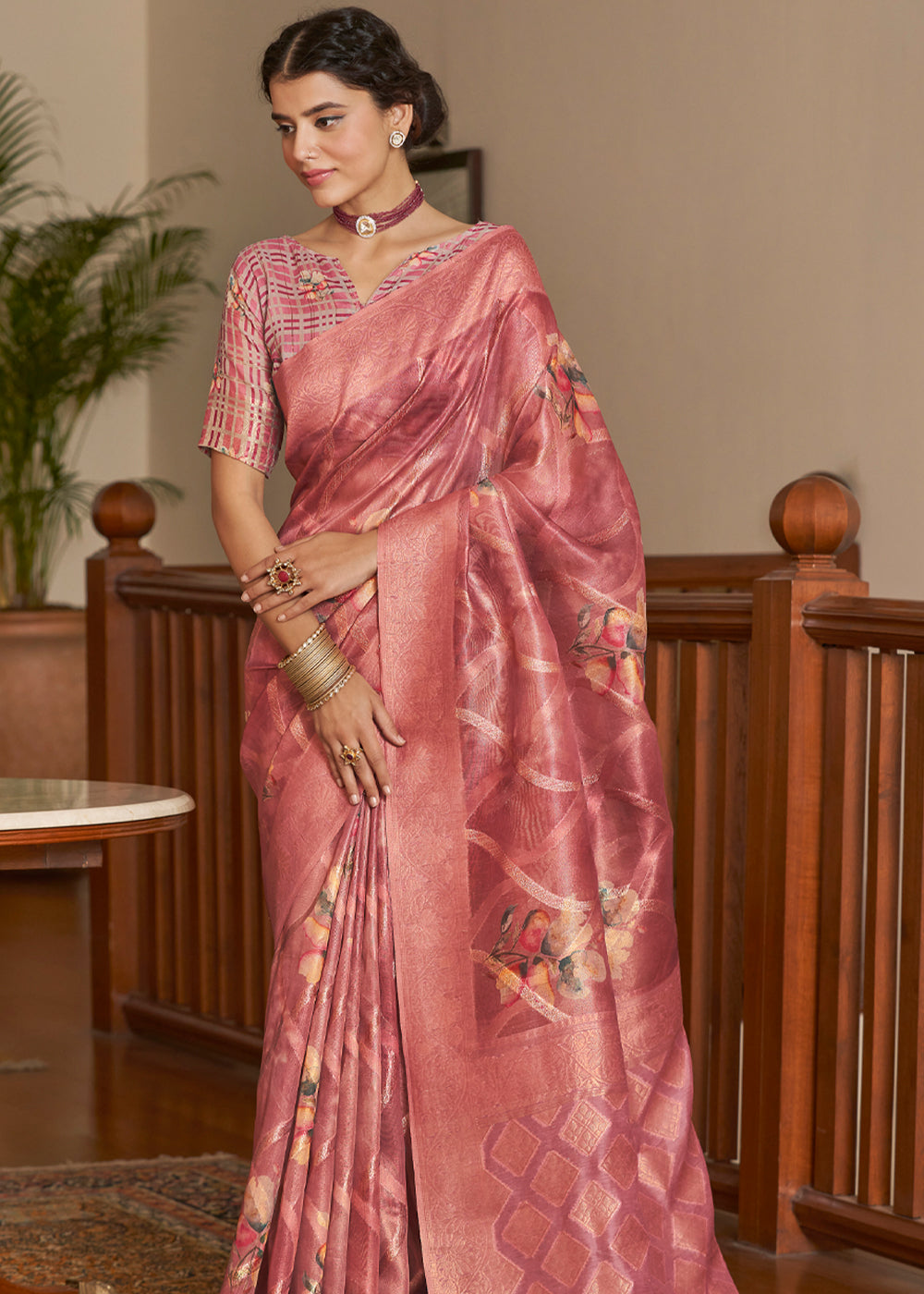 Chestnut Pink Woven Banarasi Tissue Organza Silk Saree