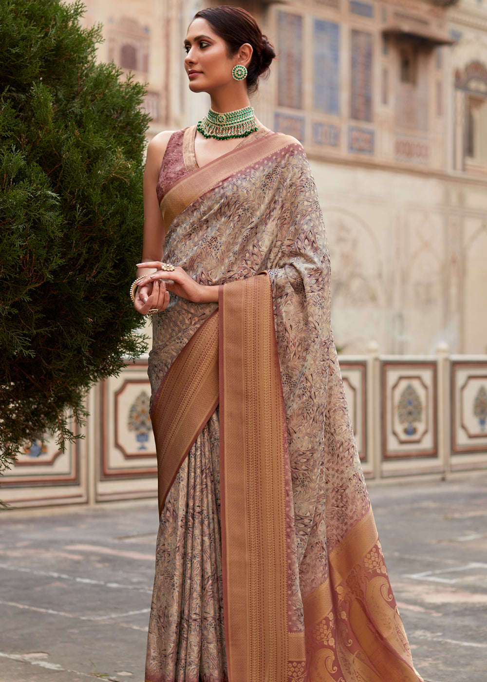 Chocolate Brown Banarasi Digital Printed Silk Saree