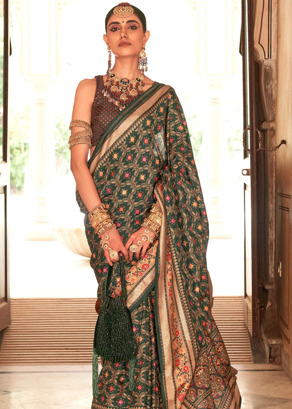 Cabbage Pont Green Printed Soft Silk Saree