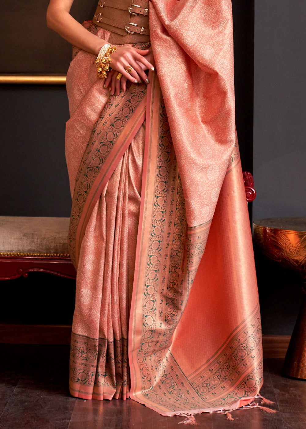 Tonys Peach Chaap Handloom kanjivaram silk Saree