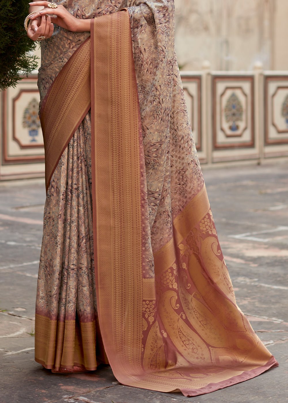 Chocolate Brown Banarasi Digital Printed Silk Saree