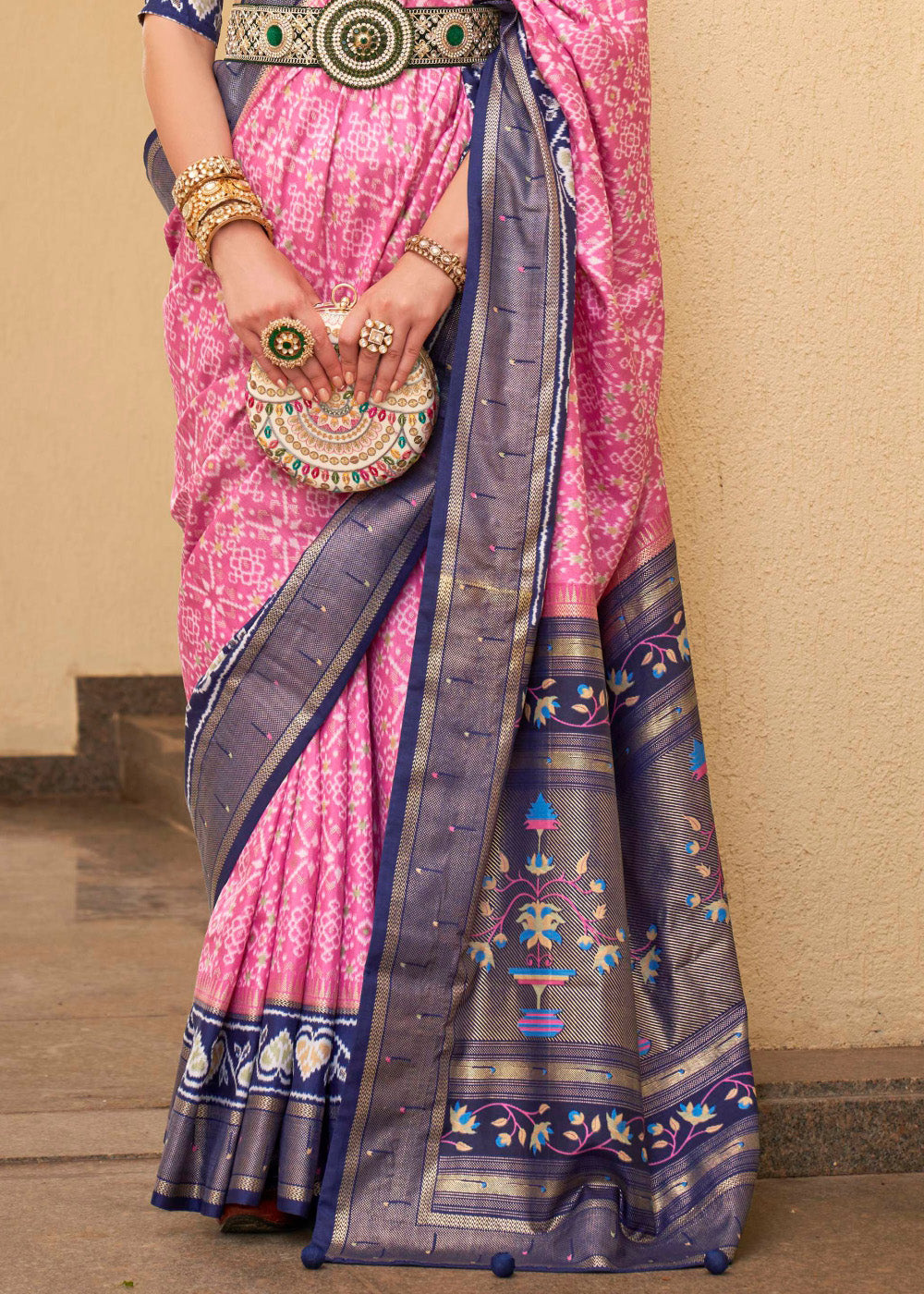 Cotton Candy Pink and Blue Printed Patola Soft Silk Saree