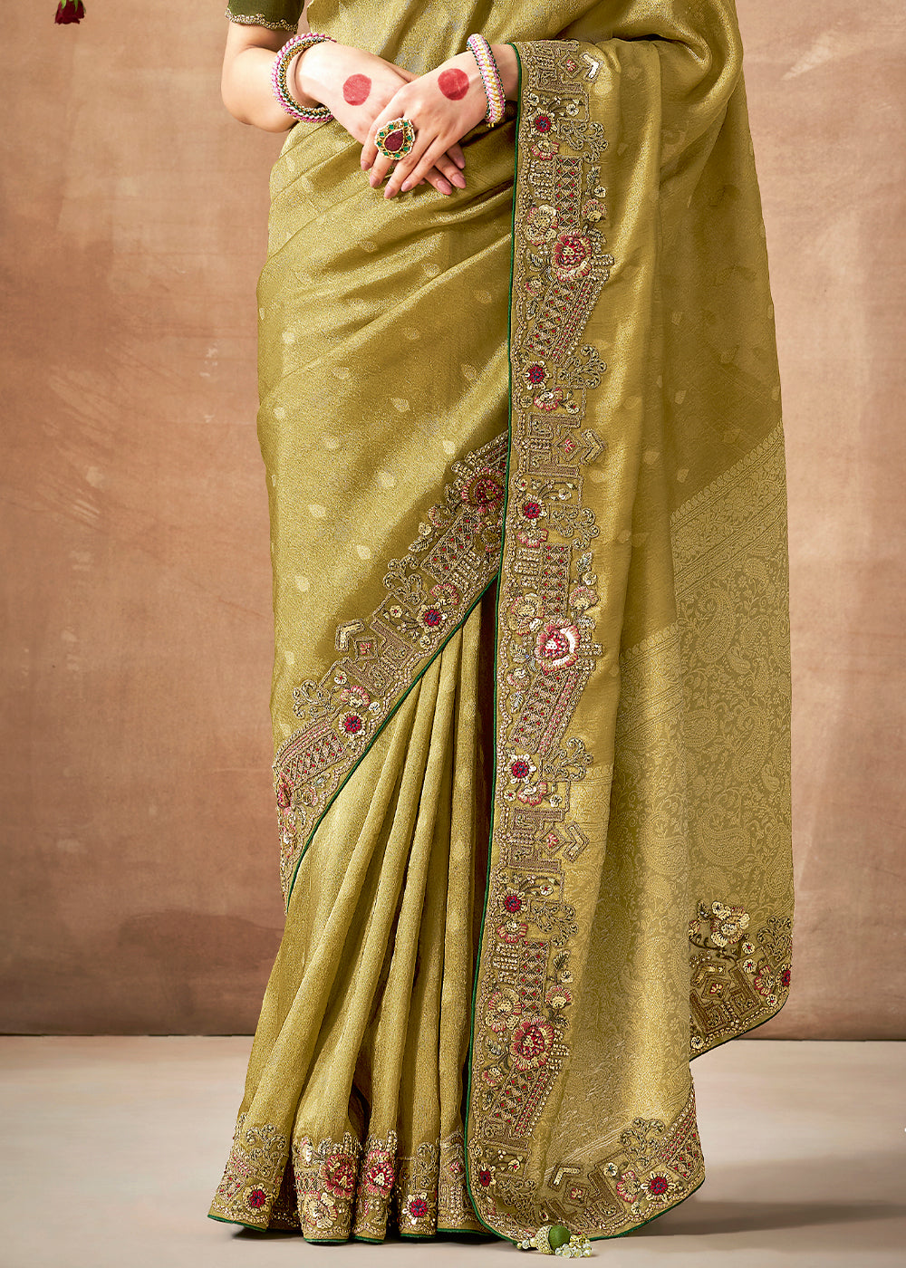 Moss Green  Zari Woven Embroidery Designer Tissue Dola Silk Saree