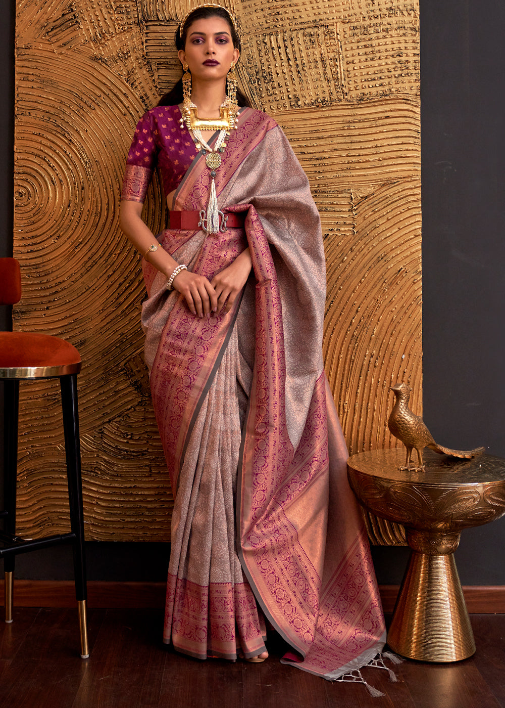 Almond Frost Brown Chaap Handloom kanjivaram silk Saree