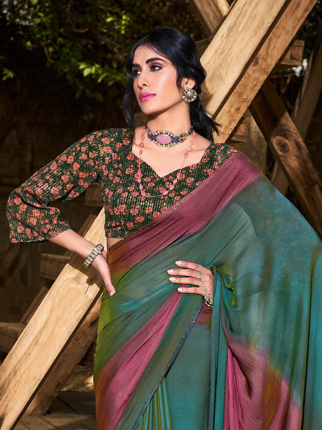 Cutty Sark Green and Purple Chiffon Saree With Printed Blouse