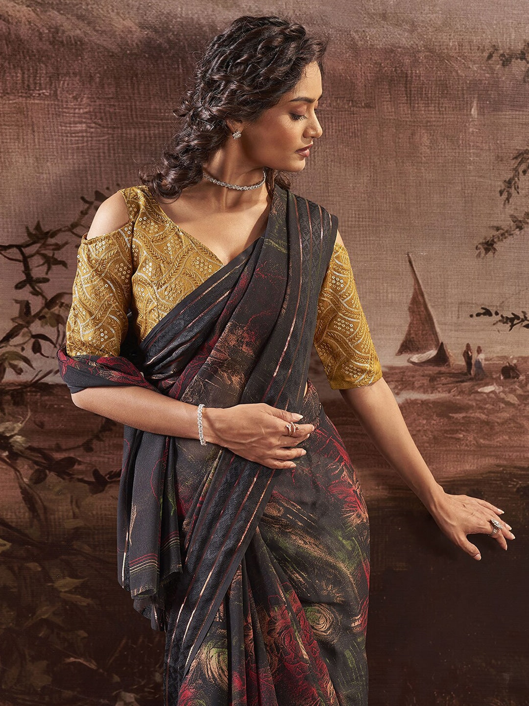 Cocoa Brown Georgette Chiffon Saree With Embroidery Blouse