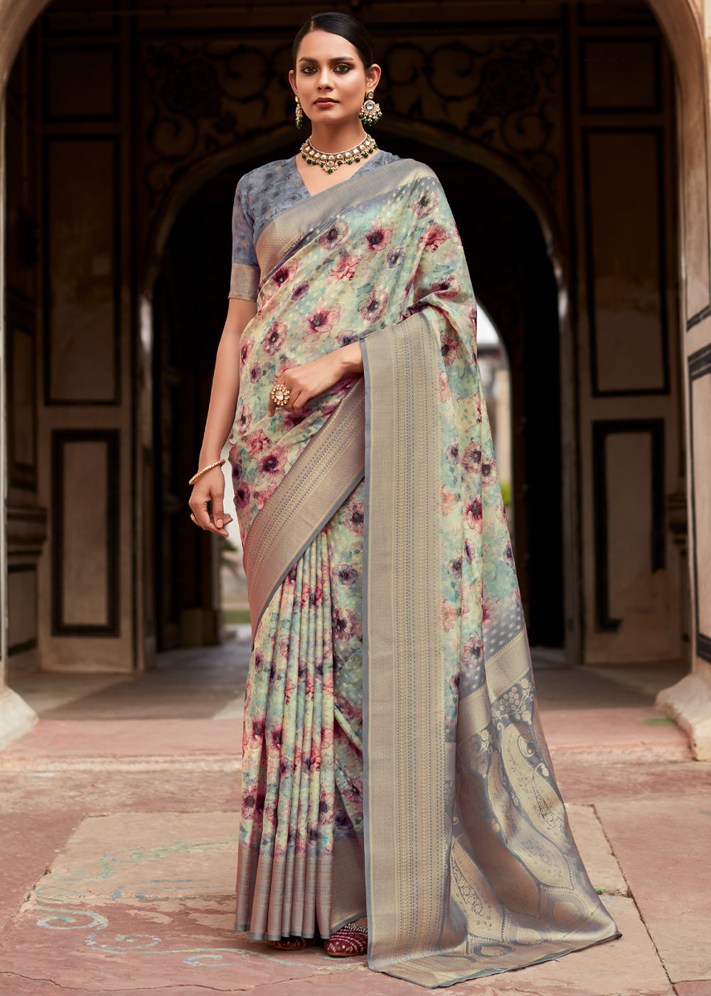 Martini Grey Banarasi Digital Printed Silk Saree