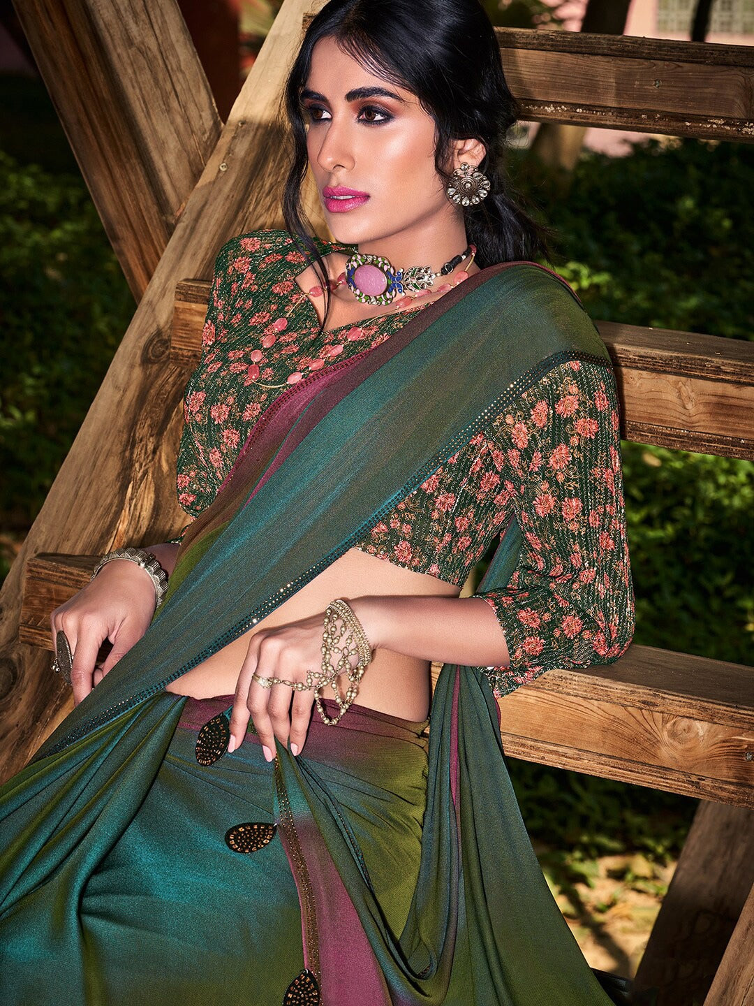 Cutty Sark Green and Purple Chiffon Saree With Printed Blouse